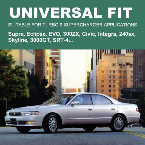 Side view of a silver four-door sedan on a city street under a green Universal Fit banner.