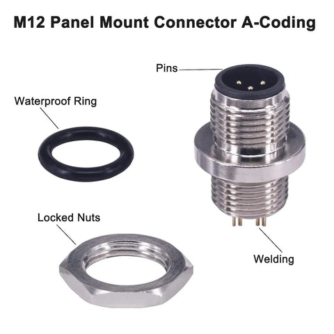 M12 4 Pin Male Aviation Panel Mount Connector IP67 Waterproof 12mm Back Mount Socket shown with parts labeled.