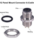 M12 5 Pin Male Panel Back Mount Connector IP67 12mm 5 Pack A Code Straight Unshielded Screw Joint Cable Sensor Waterproof Built Like A Tank With Black Nylon Housing And Flame Retardant Insulation For Rugged Industrial Use, panel mount with ring and nut
