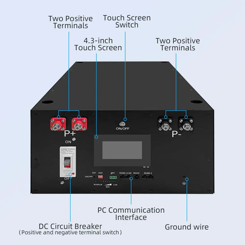 Heavy Duty 48V LiFePO4 Battery Box For DIY Solar Energy Storage Cabinet Rack Built Like A Tank Fits 280Ah To 314Ah showing terminals and touch screen.