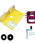 Heavy Duty Aluminum Router Table Insert Plate Gold Flip Plate For Woodworking Benches Precision Routing and Trimming Accessory setup with miter gauge and dust rings.