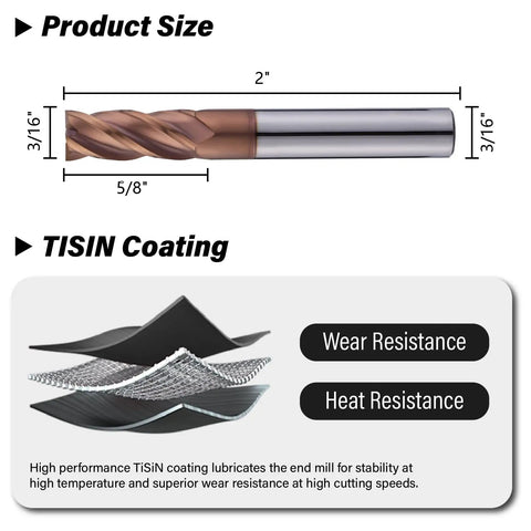 Three Sixteenth Inch Carbide Square End Mill, Four Flute TiSiN Coated End Milling Bit for hardened steel HRC55, size diagram
