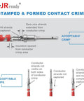 Stamped and formed contact crimp visual showing acceptable and unacceptable crimp positions on Deutsch DT Connector Kit.