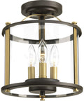 Three-Light Bronze Outdoor Semi-Flush Convertible Fixture With Squire Style showcasing clear glass and vintage brass details