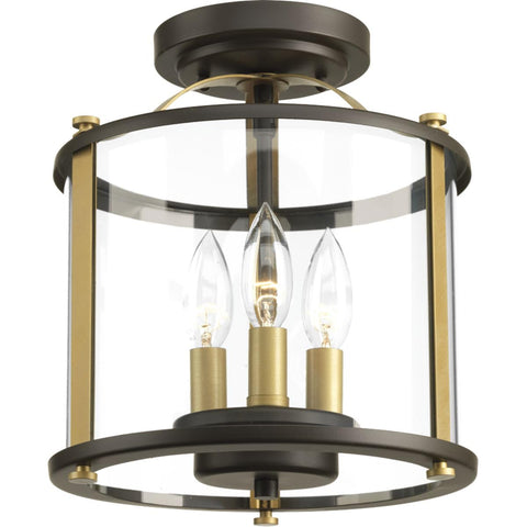 Three-Light Bronze Outdoor Semi-Flush Convertible Fixture With Squire Style showcasing clear glass and vintage brass details