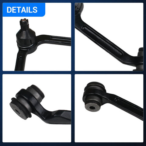 Upper control arm with ball joint, black steel front suspension part shown in four-view collage