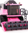 One To Thirty Two Scale Friction Powered Pink Combine Harvester Farm Toy For Realistic Play With Rotating Reel And Removable Ladder Measures 25cm By 11cm Totally Kid Friendly And Collector Favorite front view.