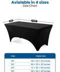 Size chart showing Spandex Tablecloth 2 Pack Black 6Ft Stretch, Tight Fit, Washable and Wrinkle-Resistant Rectangular Patio Table Cover dimensions