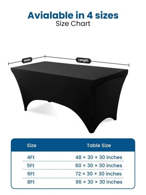 Size chart showing Spandex Tablecloth 2 Pack Black 6Ft Stretch, Tight Fit, Washable and Wrinkle-Resistant Rectangular Patio Table Cover dimensions