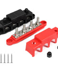 Road Ready 250A DC Power Distribution Bus Bar For Cars And Trucks With Four M8 Studs Ring Terminals And Slick Protective Cover For Marine Rv Wiring Setups, showing black and red bus bar with screws.