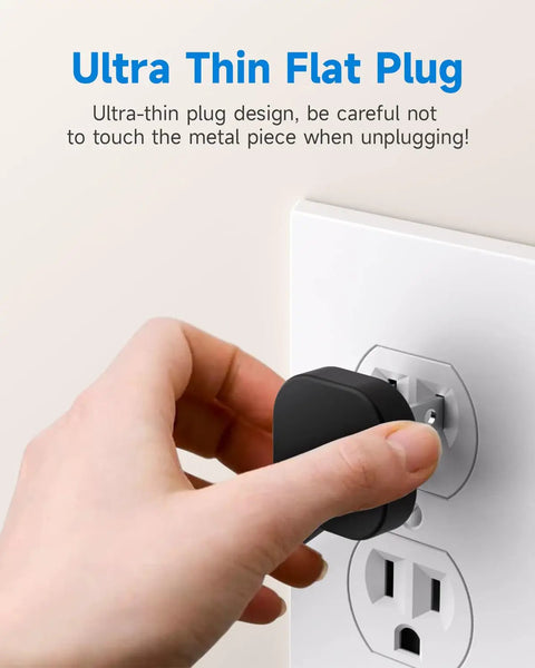 Hand plugging in Ultra Thin Flat Plug Extension Cord 1Ft Right Angle Low Profile 3 Prong Grounded Power Cable Indoor Space Saver 16AWG.