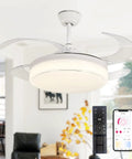 42 Inch Retractable Ceiling Fan With Remote And LED Light Modern White Enclosed Ceiling Fan With Invisible Blades in living room