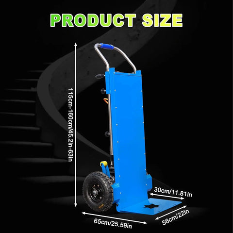Heavy Duty Electric Stair Climbing Cart With 1500W Motor And 880LB Capacity dimensions showing size specifications and foldable design.