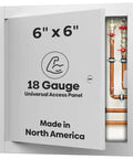 Heavy Duty 6 X 6 Inch Universal Access Panel And Door For Walls Or Ceilings Featuring Rock Solid 18 Gauge Steel Build, opened showing plumbing.