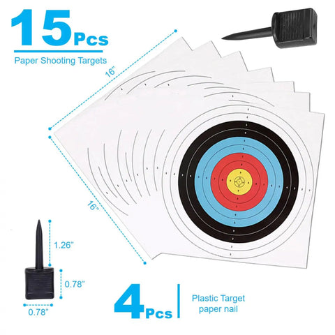 15 Pack Archery Target Paper For Backyard Practice 16 Inch With 10 Ring Design and Plastic Nails Included