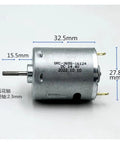 Top Shelf 9000 RPM Carbon Brush Motor 6V To 24V DC High Speed Unit showing dimensions 32.5mm x 27.8mm x 15.5mm and 2.3mm shaft.