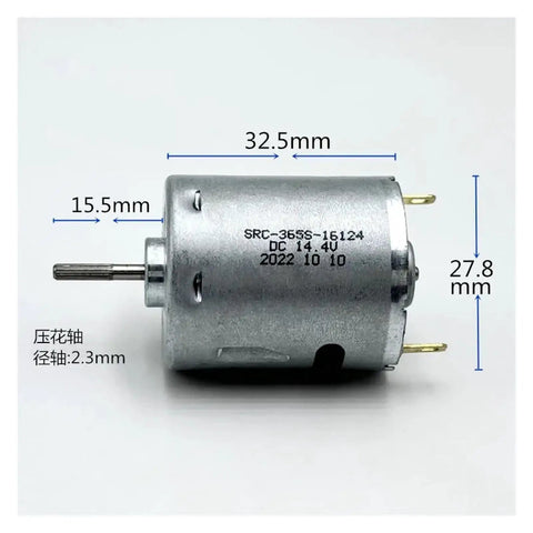 Top Shelf 9000 RPM Carbon Brush Motor 6V To 24V DC High Speed Unit showing dimensions 32.5mm x 27.8mm x 15.5mm and 2.3mm shaft.
