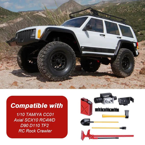 Beefed-Up Mini RC Rock Crawler Gear Set With Digging Shovel, Fuel Tank, And High Jack Winch For 1:10 Climbing Car displayed