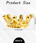 Product size guide for 50 Pack Mini Crown Charms For DIY Jewelry Making, showing a gold alloy crown charm with dimensions 1x0.7 cm.