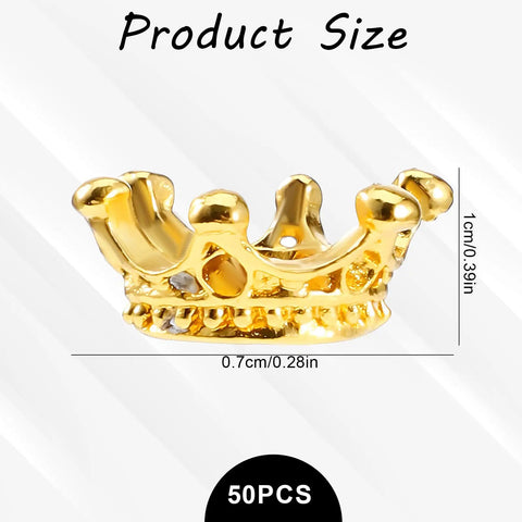 Product size guide for 50 Pack Mini Crown Charms For DIY Jewelry Making, showing a gold alloy crown charm with dimensions 1x0.7 cm.