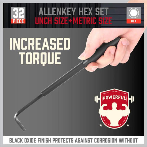 Hand holding long L-shaped key from Beefy 32 Piece Hex Key Wrench Set With Long And Short L Shaped Allen Keys In Metric And SAE Sizes Chrome Vanadium Steel With 2 Extension Handles For Bike Repairs Furniture Builds Machinery And Equipment Tightening