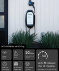 Plug And Play EV Charger Featuring A 25 Foot Braided Wire And Tough J1772 Connector mounted on a wall with a charging cable.