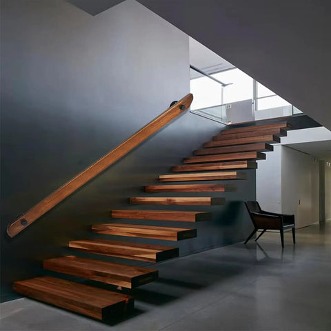 Built Tough Wall Mount Wood Handrail With Industrial Pipe Brackets For Indoor Staircases Hallways And Landings Smooth Non Slip Surface No Sweat Setup Dark Wood Nine Foot on modern staircase