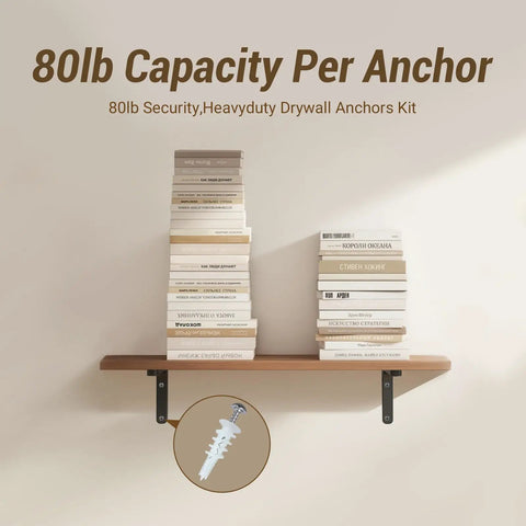 Heavy Duty Drywall Anchors Kit With Self Drilling Screws 80Lb Load Capacity holding books on shelf