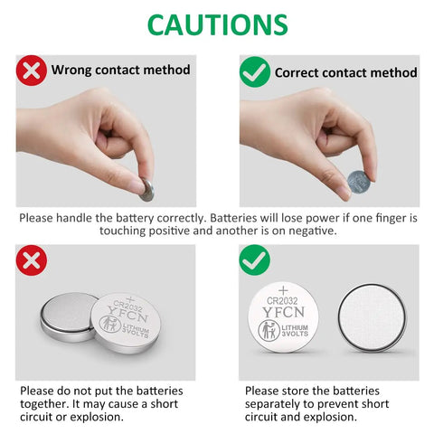 Cautions for use of Top Shelf CR2032 3V Lithium Batteries 5 Pack, showing contact methods and storage tips.