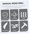 Infographic showing features of Handy Manual Hand Drill Kit with icons for material, quality, strength, and portability.