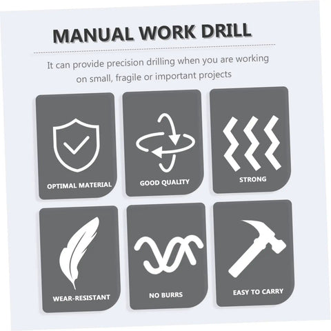 Infographic showing features of Handy Manual Hand Drill Kit with icons for material, quality, strength, and portability.