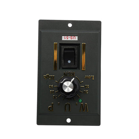 Front view of a wall-mounted AC 110V speed controller panel with a black rotary knob, on/off switch, and gold terminals