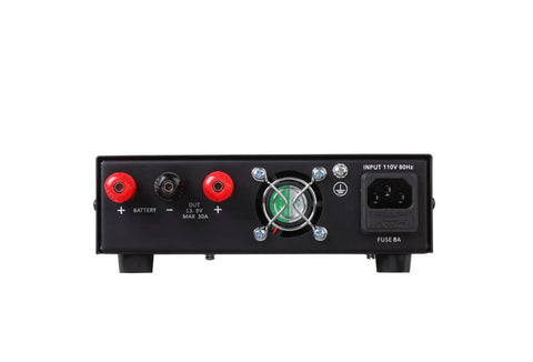 Back view of Compact Bench Ham Radio Power Supply 30 Amp AC To DC 13.8 Volts Fixed Output With Battery Backup SPS 1335 ports and fan