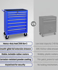 Tough As Nails Blue Steel Seven Drawer Rolling Tool Chest With Dead Secure Lockable Drawers And Slick Heavy Duty Universal Wheels shown in comparison.