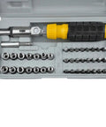 Compact 41 Piece Mini Socket Wrench Set With Quick Change Sockets And Reversible Ratchet For Confined Spaces with assorted sockets in a gray case.