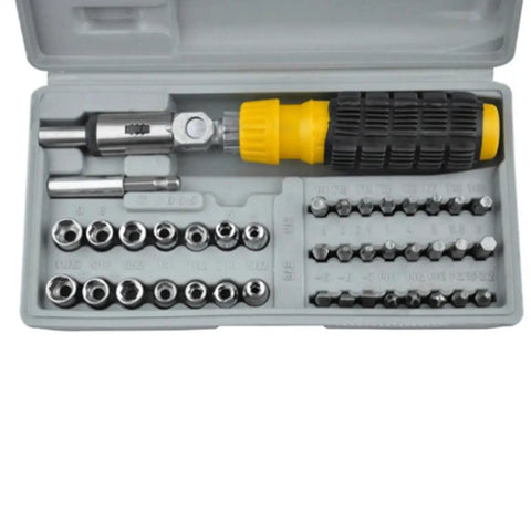 Compact 41 Piece Mini Socket Wrench Set With Quick Change Sockets And Reversible Ratchet For Confined Spaces with assorted sockets in a gray case.