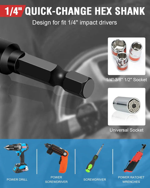 Impact Socket Adapter Set For Drill And Impact Wrench, Drive Sizes Quarter, Three Eighths, Half Drive, Six Piece With Three Inch And Six Inch Extensions, Built Tough Chromium Vanadium Steel Construction For High Torque displayed with hex shank and universal socket.