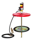 Heavy Duty Pneumatic Grease Pump For 55 Gallon Drums With 50 To 1 Pressure Ratio And 16 Foot Explosion Proof Hose, red and brass construction.