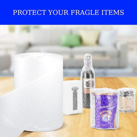 Bubble Cushioning Wrap Rolls 2 Pack 12 Inch By 72 Feet Three Sixteenths Inch Air Bubbles Perforated Every 12 Inches Must Have For Packing Moving And Shipping Your Stuff Tough And Easy To Tear For Small Business in front of wrapped items