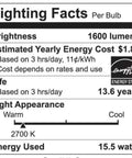 Lighting facts label for Eight Pack 100W Equivalent Soft White A19 LED Light Bulbs, 1600 lumens, Energy Star certified details shown.