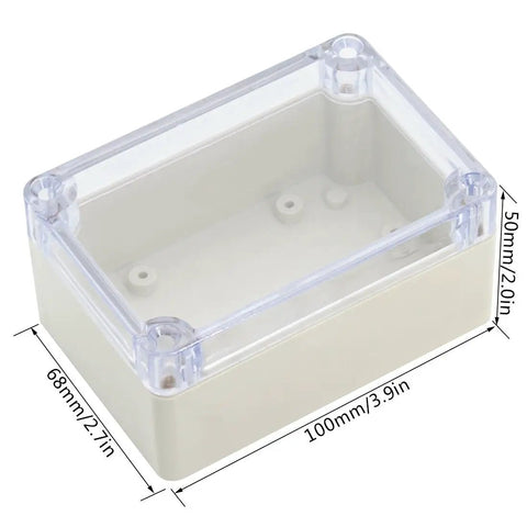 Rock Solid Abs Plastic Junction Box With Clear Cover IP65 Waterproof Electrical Enclosure For Diy Projects No Fuss Assembly Sturdy Dust Proof Shell Measuring 3.9 X 2.7 X 2 Inches shown from an angled view with dimensions labeled.