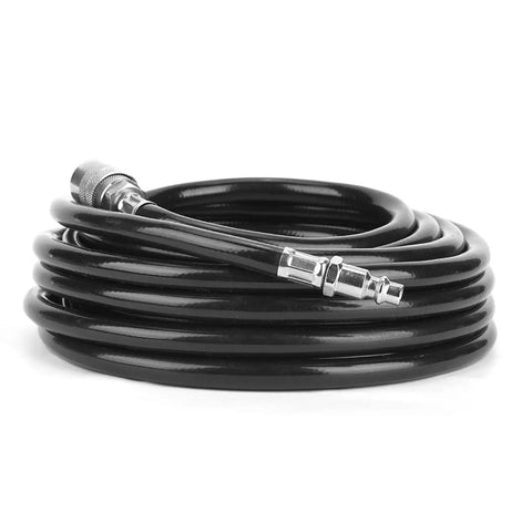 Total Game Changer 7.5 Meter PVC Air Hose Kit With Lightning Fast Quick Connect Fittings For Pneumatic Tools And Air Compressor Units Legit High Quality Built Solid For Tough Auto Repair Home Maintenance And DIY Projects Anywhere, coiled black hose