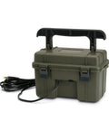 Rugged 12 Volt Battery Box For Trail Cameras, compact green power casing with charger cord, designed for freezing conditions.