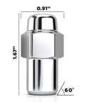 Chrome Cragar Style Wheel Installation Kit lug nut, 1.67 inch height, 0.91 inch width, 60 degree angle, cold forged steel