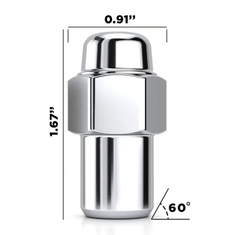 Chrome Cragar Style Wheel Installation Kit lug nut, 1.67 inch height, 0.91 inch width, 60 degree angle, cold forged steel