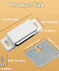 12 Pieces Cabinet Door Magnets Catch Magnetic Door Catch with dimensions and details, white latch, steel strike plate, screws shown