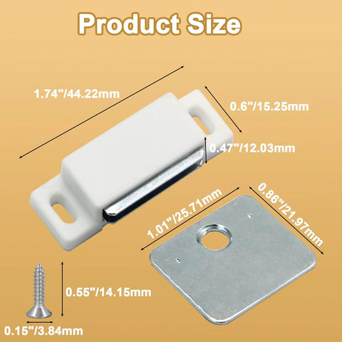12 Pieces Cabinet Door Magnets Catch Magnetic Door Catch with dimensions and details, white latch, steel strike plate, screws shown