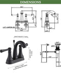 Dimensions of Matte Black 4 Inch Bathroom Sink Faucet With Three Hole Centerset Two Handles Metal Casting Spout Sleek Modern RV Farmhouse Vanity Faucet Include Drain With Overflow And Lift Rod