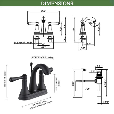 Dimensions of Matte Black 4 Inch Bathroom Sink Faucet With Three Hole Centerset Two Handles Metal Casting Spout Sleek Modern RV Farmhouse Vanity Faucet Include Drain With Overflow And Lift Rod