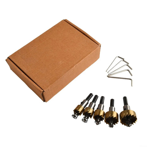 Top Notch 5 Piece Hole Saw Set With Pilot Bits For Stainless Steel Metal Aluminum Alloy Cutting Kits Gold HSS High Speed Steel Durable Tools, 5 sizes with wrench